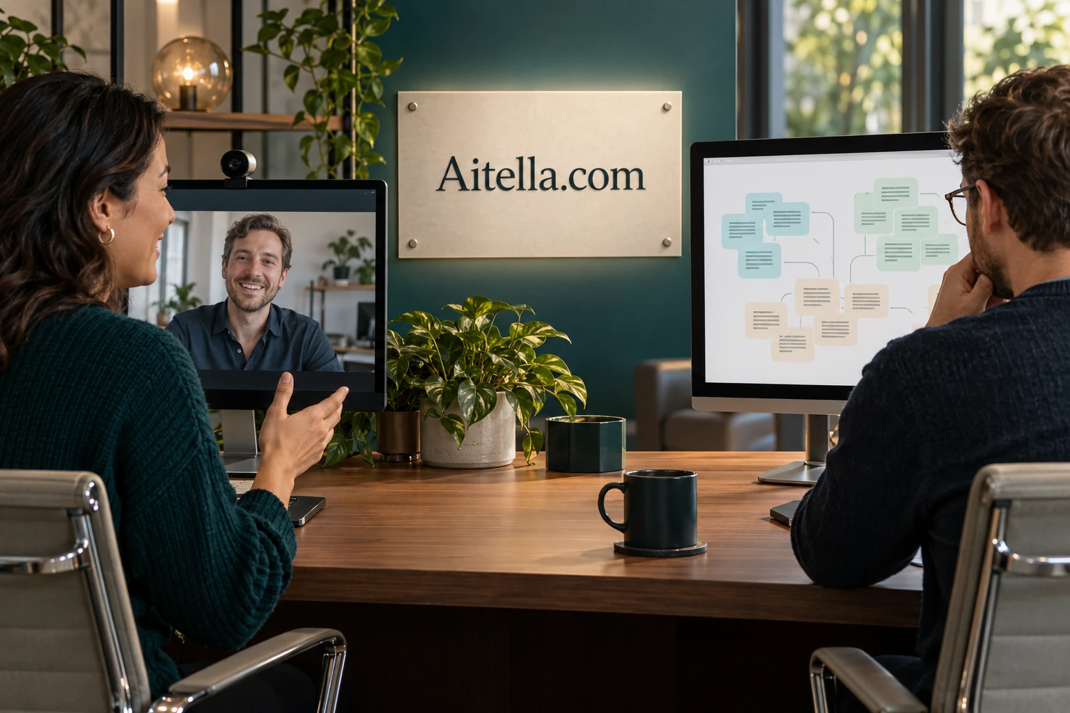 A research team comparing interview evidence on screen