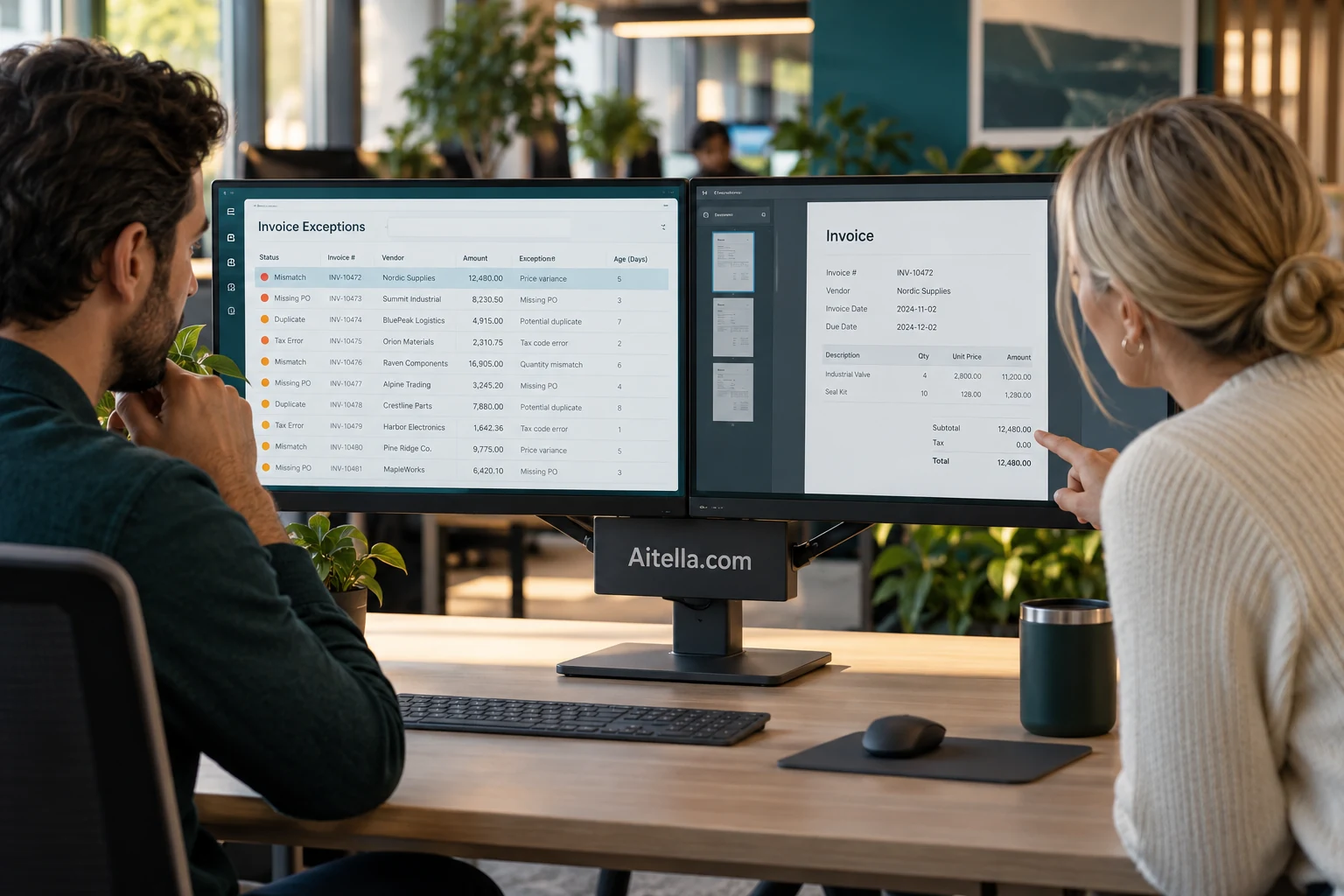An operations coordinator reviewing an invoice exception on screen